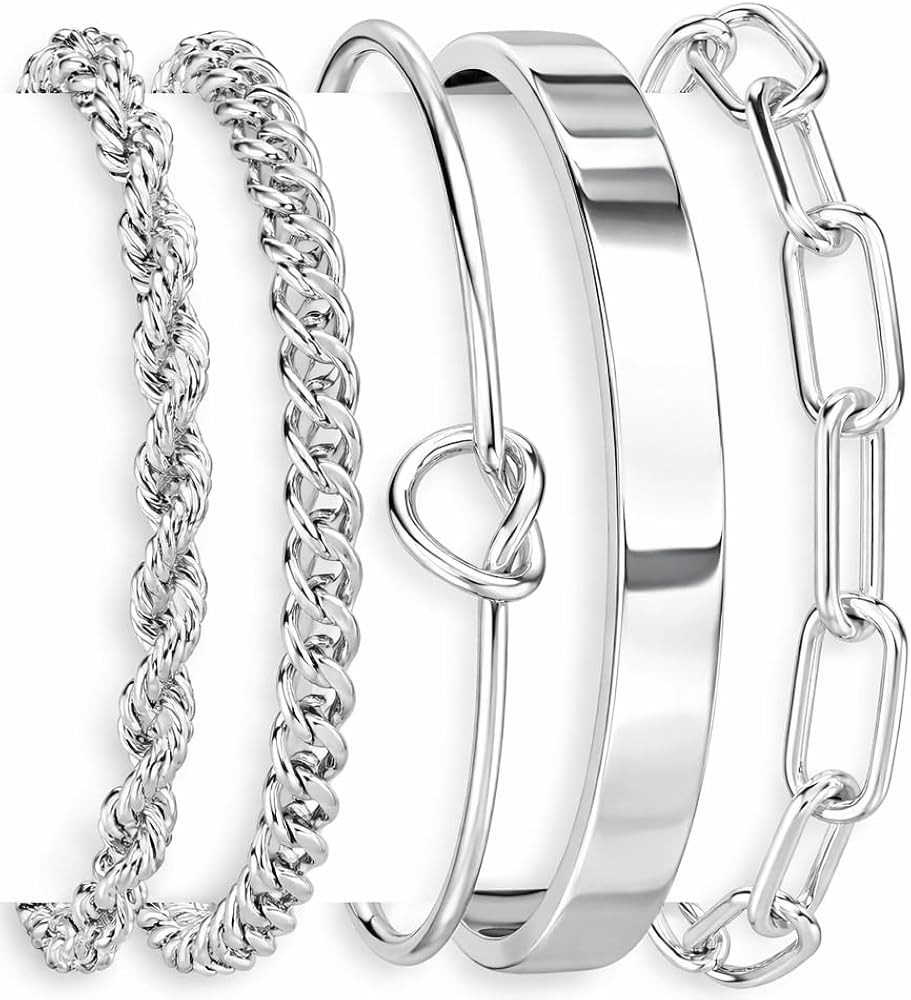 Sterling Silver Cuff Bangle Bracelet Set for Women Non Tarnish, Silver Chunky Cuban Link Chain He... | Amazon (US)