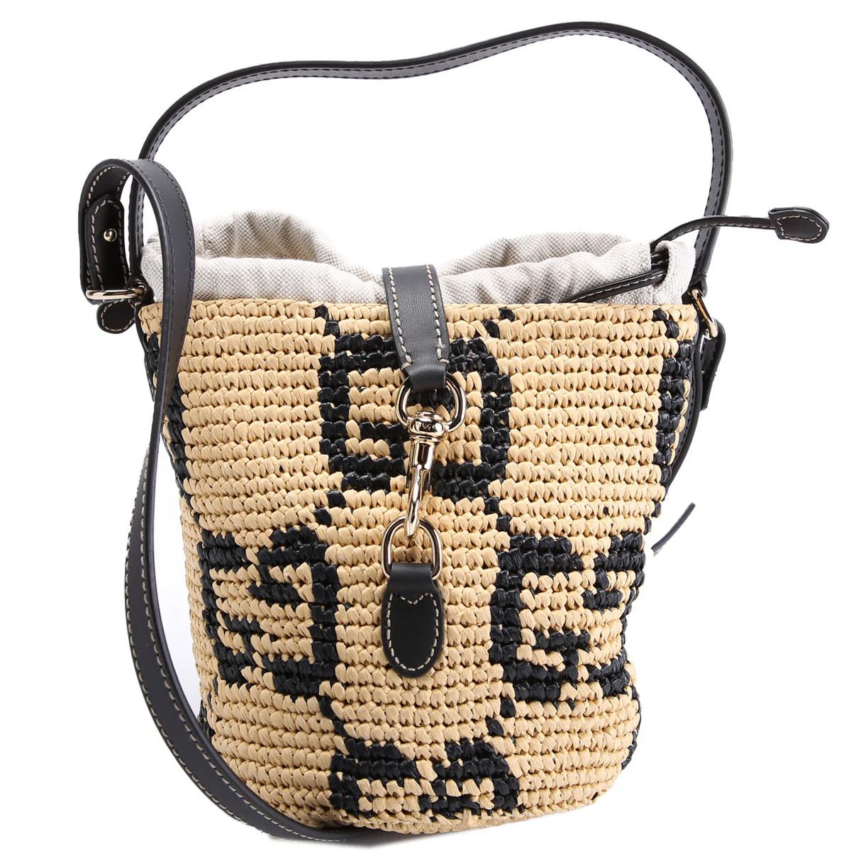 816284 GG Woven Raffia Mini Bucket Bag Tan/Black | Keeks Designer Handbags