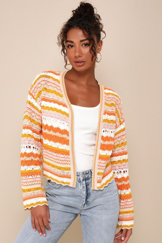 Sweet Daylight Orange Striped Crochet Cardigan Sweater | Lulus