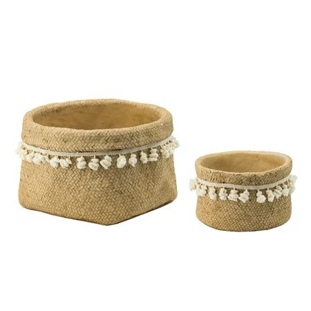 Woven Detail Outdoor Planters with Tassel Trim - Set of 2 - Natural White Finish | Walmart (US)