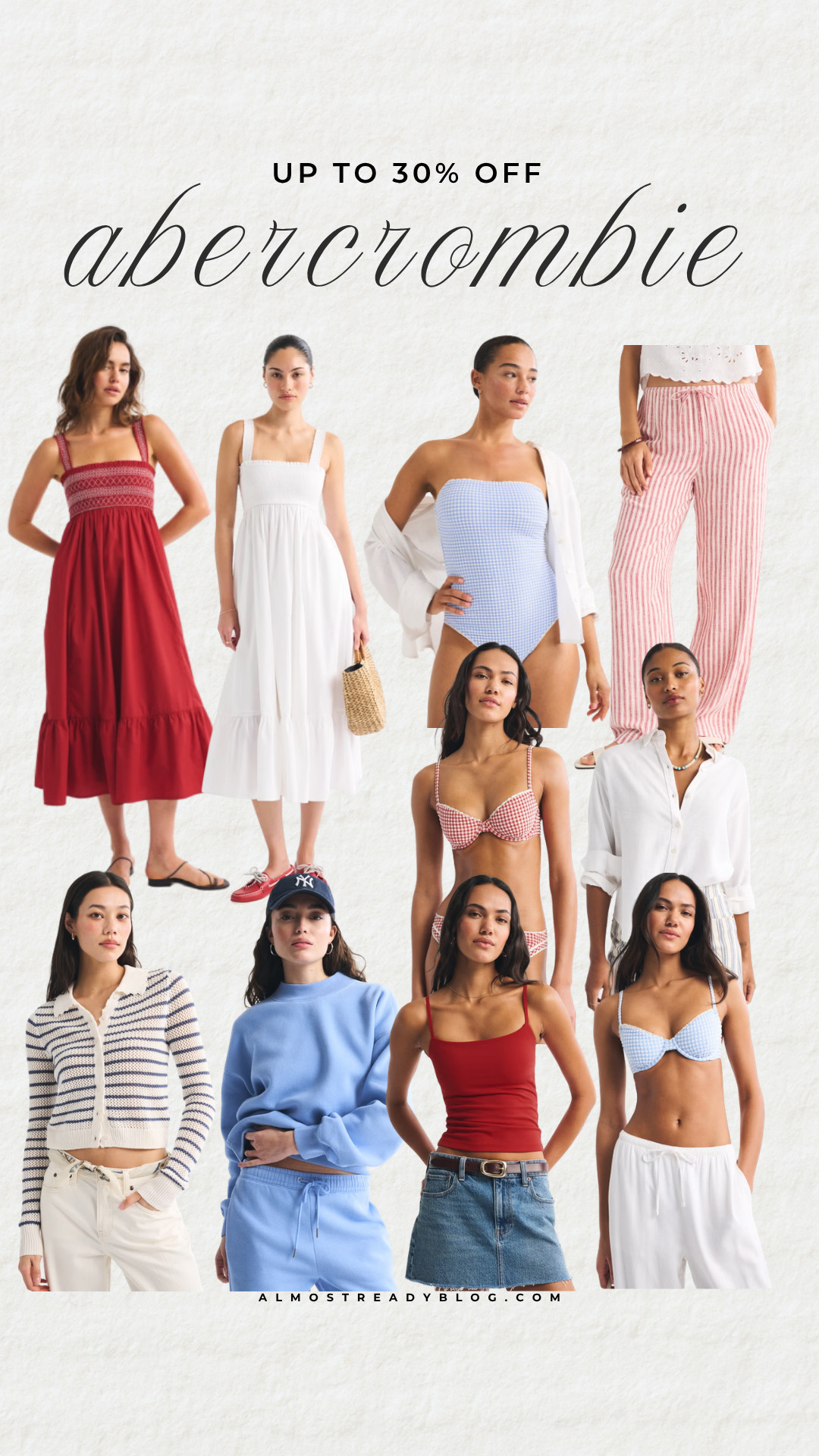 Abercrombie up to 30% off, summer vacation outfit, patriotic summer style, beach day outfit, coastal getaway look, red white blue, striped knit cardigan, white sundress, gingham bikini set, linen beach pants, summer swimwear, resort wear

#LTKSaleAlert