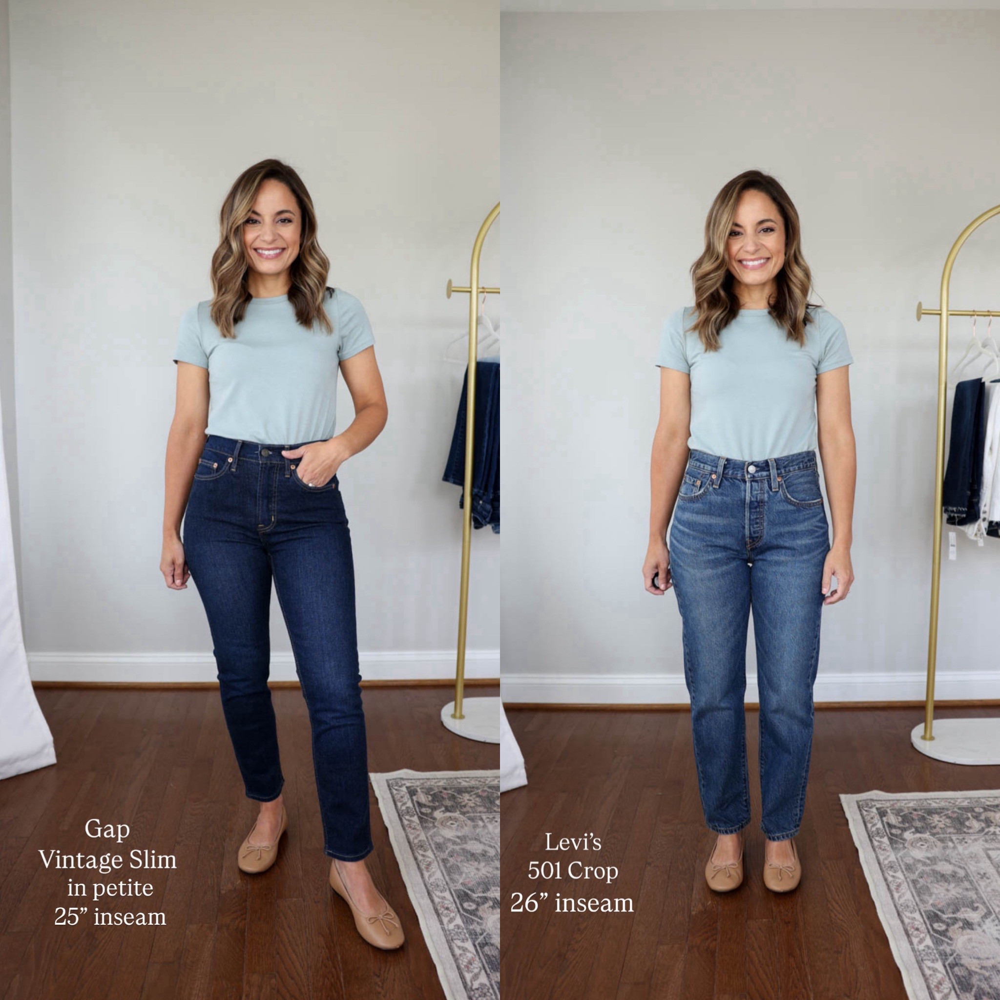 Petite jeans by inseam: 25-26”

Gap Vintage Slim High Rise 
25” inseam - in petite 
10” rise 
Petite 25 - size up 
Lightweight stretch denim, holds shape with wear 

Levi’s 501 cropped button fly 
10” rise 
26” 
24 Relaxed fit may want to size down if in between. Jeans loosen with wear 

T-Shirt: xs (chose regular for more length)

My measurements for reference: 4’10” 105lbs bust, waist, hips 32”, 24”, 35” size 5 shoe. 25” inseam measurement to my ankle bone. 

#LTKPetite