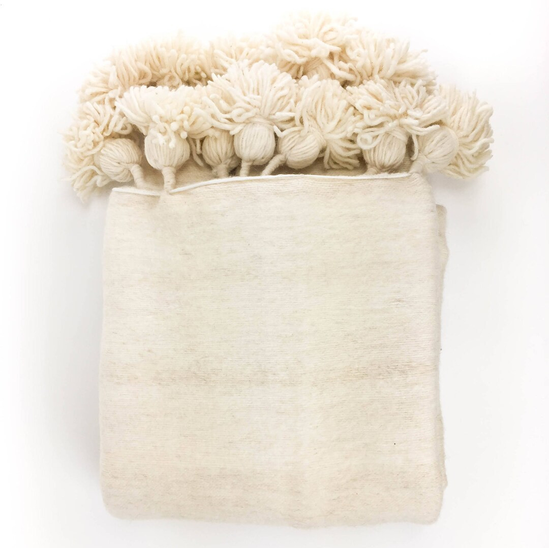 Ivory Pom Pom Bed Cover Blanket Handwoven Wool Moroccan Twin Queen - Etsy | Etsy (US)