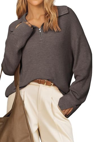 Arach&Cloz Women Sweater 2025 Wool Blend Fall Fashion Clothes Oversized Pullover Winter Clothing Quarter Half Zip Lapel V Neck Long Sleeve Dressy Tops Business Casual Trendy Outfits Coffee L | Amazon (US)