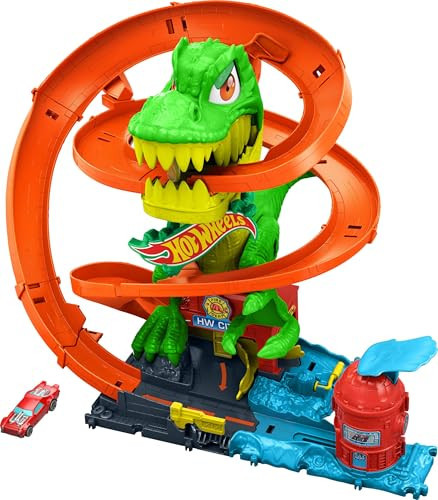 Hot Wheels Toy Car Track Set, City T-Rex Blaze Battle Playset & 1:64 Scale Die-Cast Vehicle, 18” Tall, Multiple Race Outcomes, Spinning Dinosaur Eyes | Amazon (US)