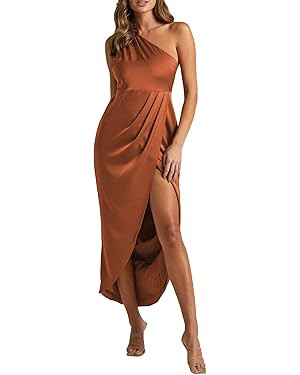 LYANER Women's One Shoulder Ruched Sleeveless Slit Split Wrap Hem Zipper Midi Dress | Amazon (US)