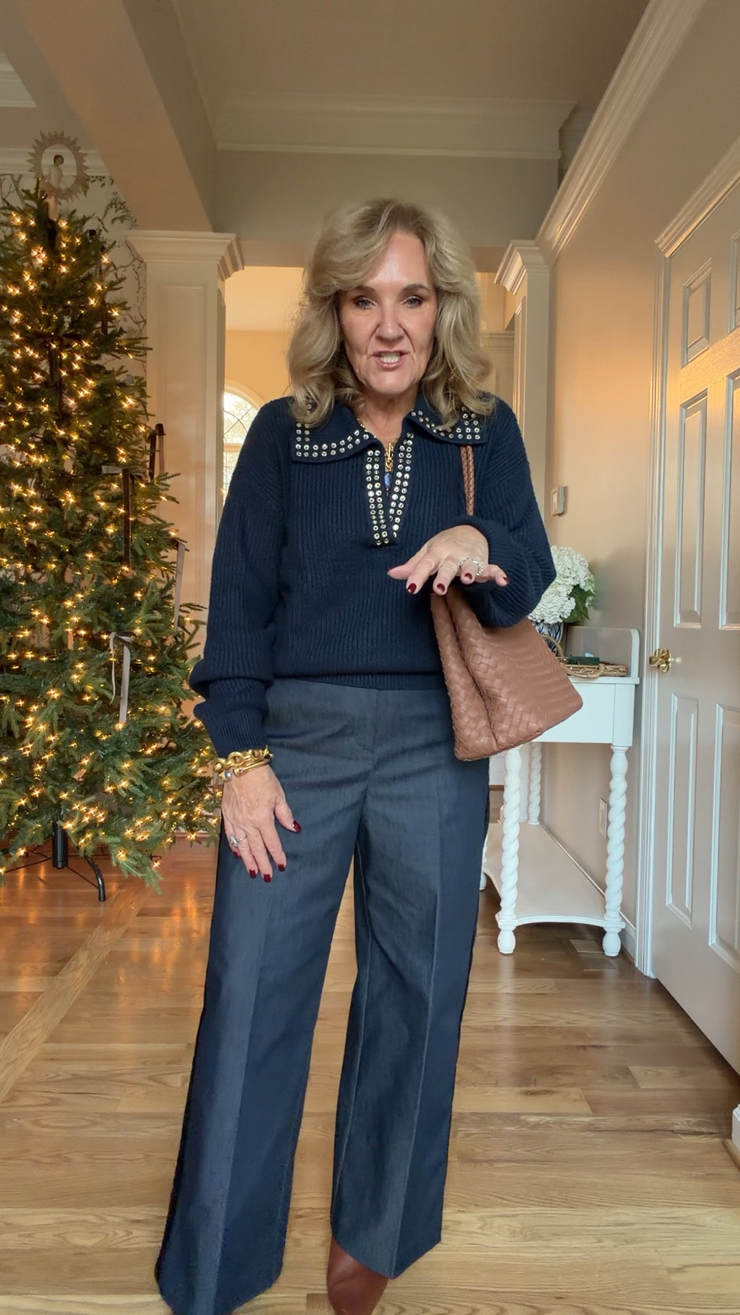 @loft tuxedo stripe jeans size 8 petite 
Metallic sweater size medium 
Blue velvet jacket medium petite 
Blue velvet pants medium petite 8 petite 
Embellished sweater size medium 
Slingbacks size up 1/2 
@julievos tanzanite pieces are gorgeous! Definitely splurge worthy 
Tory Burch reversible belt 

New Year’s Eve holiday parties 

#LTKHoliday #LTKWorkwear #LTKOver40

#LTKSaleAlert #LTKPetite