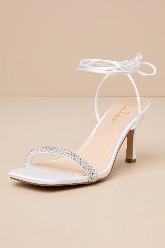 Ainslie White Satin Rhinestone Lace-Up High Heel Sandals | Lulus