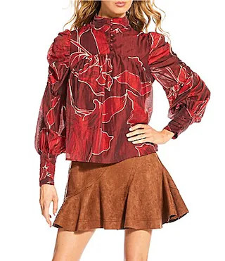 CIEBON Lynn Floral Print Tie Mock Neck Long Puff Sleeve Top - XS | Dillard's