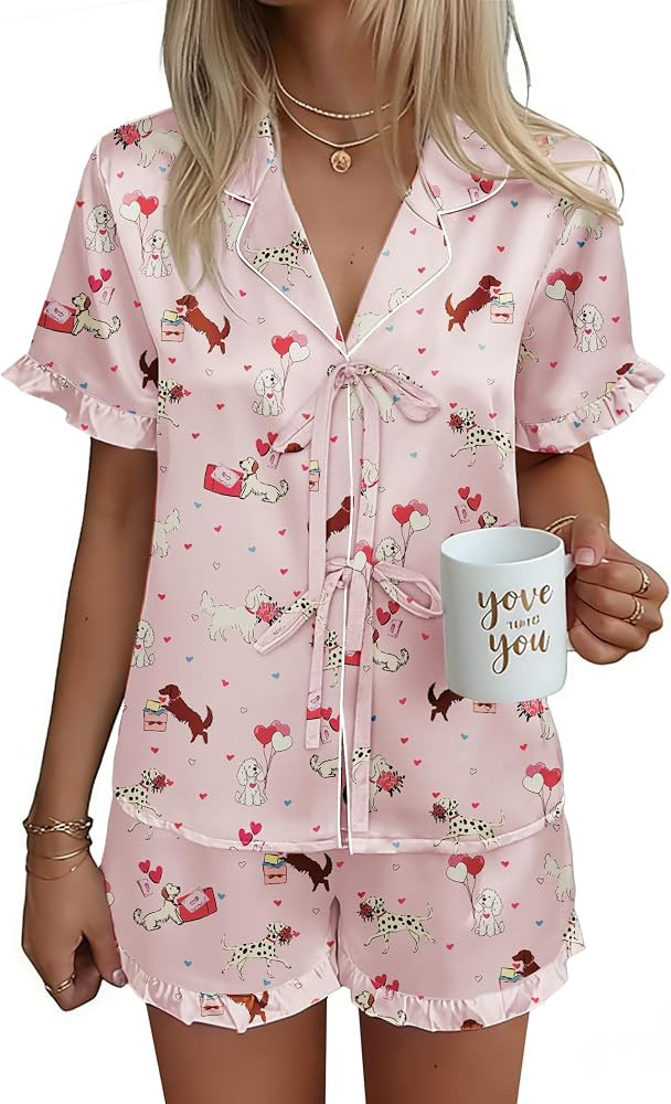 Ekouaer Satin Pajama for Women Short Sleeve Silky Pj Short Set Bow Front Tie Up Loungewear Sleepw... | Amazon (US)
