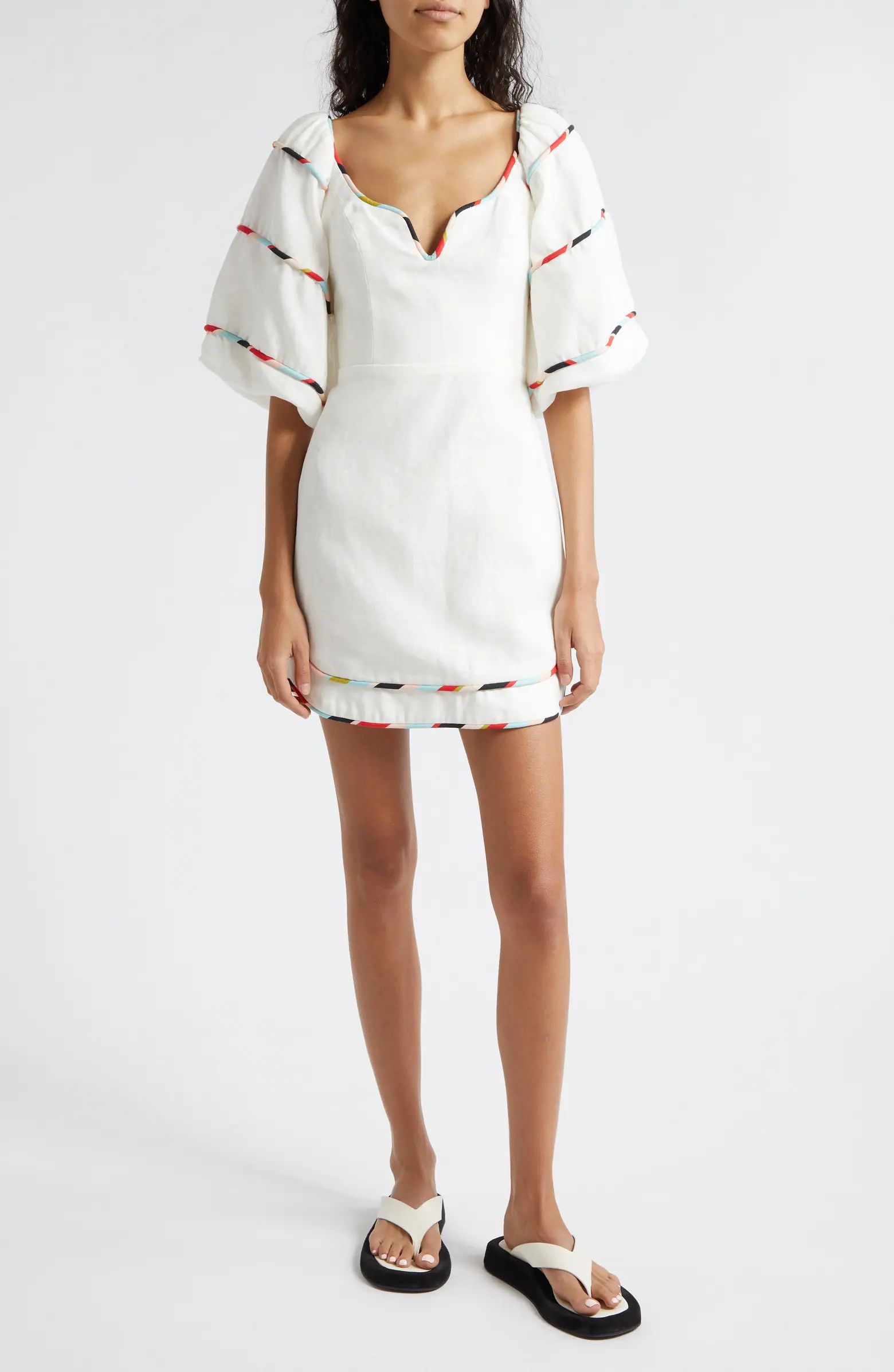 Stripe Trim Puff Sleeve Linen Minidress | Nordstrom