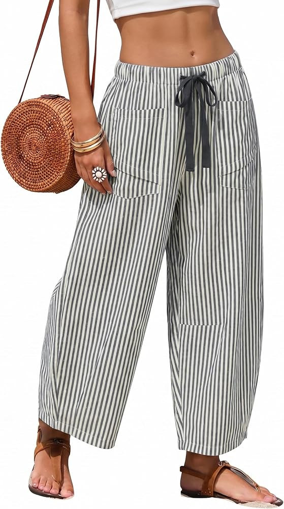 EsheSy Women's Casual Barrel Pants Summer Striped Drawstring Wide Leg Trousers Beach Lounge Capri... | Amazon (US)
