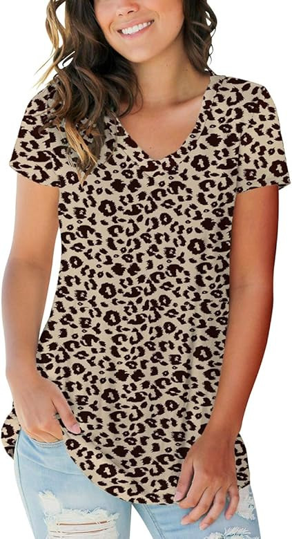 Women's Basic V Neck Short Sleeve Floral T Shirts Summer Casual Tops | Amazon (US)