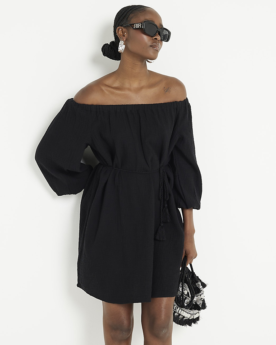 Black textured belted bardot mini dress | River Island (UK & IE)