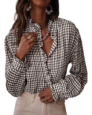 Astylish Womens Plaid Ruffle V Neck Button Down Blouse Casual Long Sleeve Gingham Trendy Tops Wor... | Amazon (US)