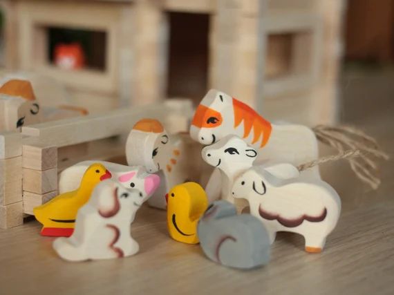 20 figurines Farm Set / Solid Natural Wood Full Set Waldorf Farm Animals - Montessori imaginative... | Etsy (US)