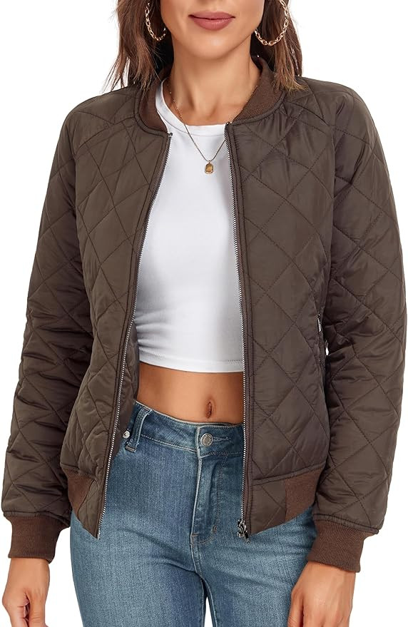 andy & natalie Women's Bomber Jacket Fashion Quilted Casual Lightweight Bomber Jakcets Zip up Out... | Amazon (US)