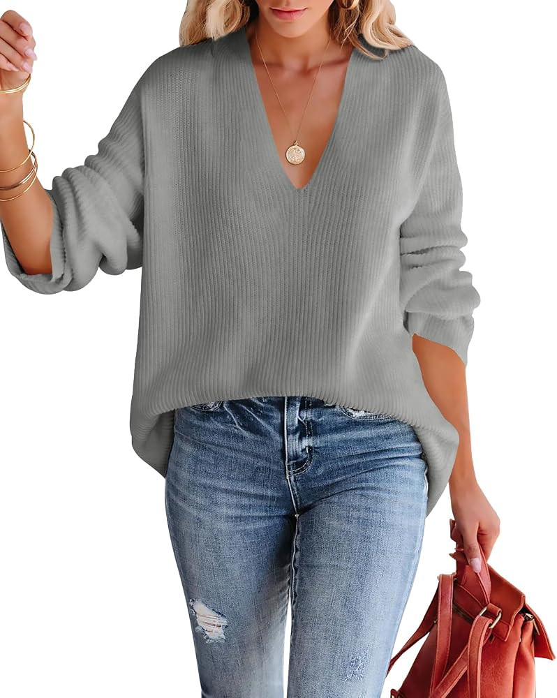 Imily Bela Womens Oversized Deep V Neck Sweaters Sexy Long Sleeve Tunic Sweater Knitted Dressy Pu... | Amazon (US)