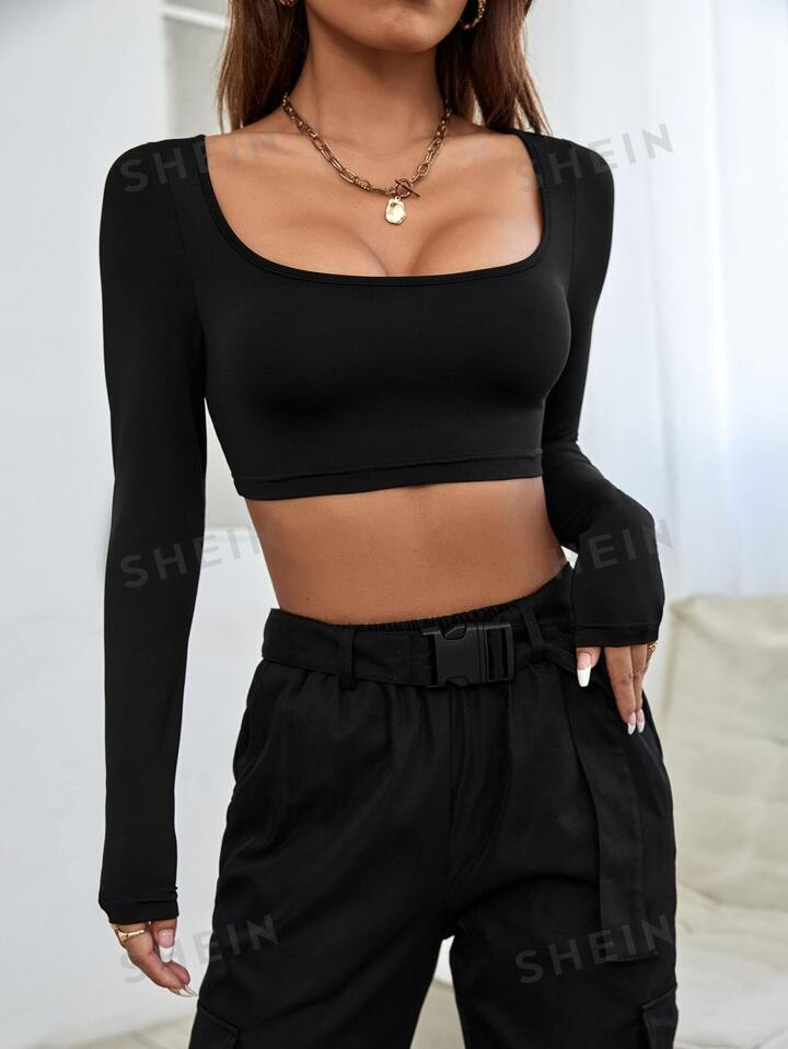 SHEIN PETITE Scoop Neck Crop Spring Women Top | SHEIN | SHEIN