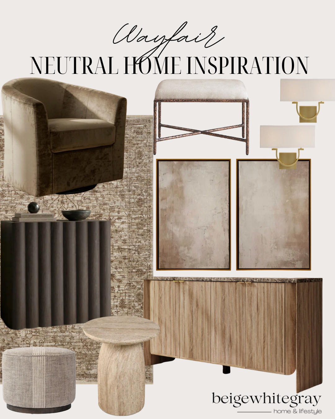 Wayfair home decor, Wayfair furniture finds, neutral home decor, neutral interior design, modern organic home, warm neutral decor, elevated neutral home, Wayfair finds, Wayfair furniture, accent chair ideas, swivel chair, neutral area rug, wood sideboard, fluted cabinet, console cabinet, neutral wall art, brass wall sconces, upholstered ottoman, travertine side table, designer inspired home, organic modern decor, transitional home decor, luxury neutral interiors, warm minimalist home

#LTKHome