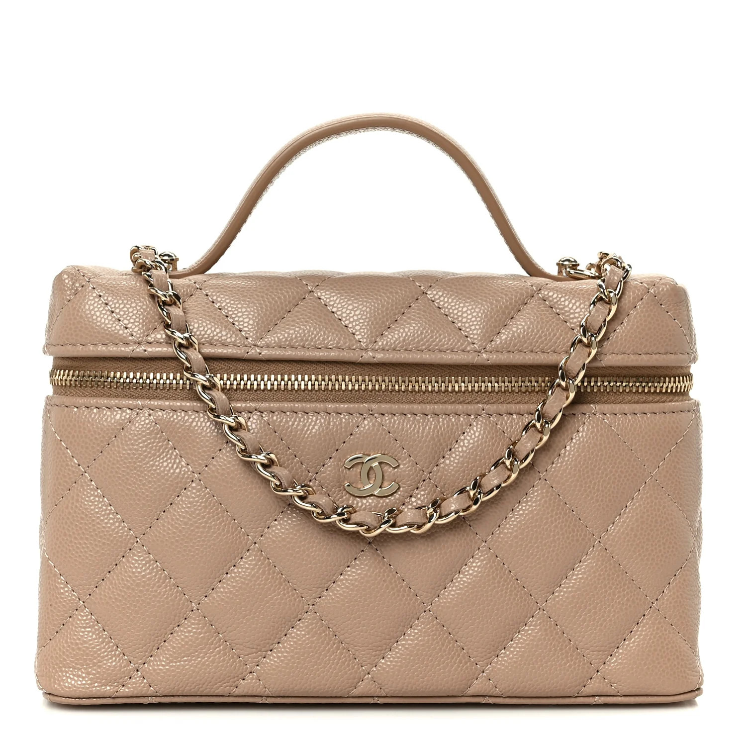 Caviar Quilted Top Handle Slim Vanity With Chain Dark Beige | FASHIONPHILE (US)