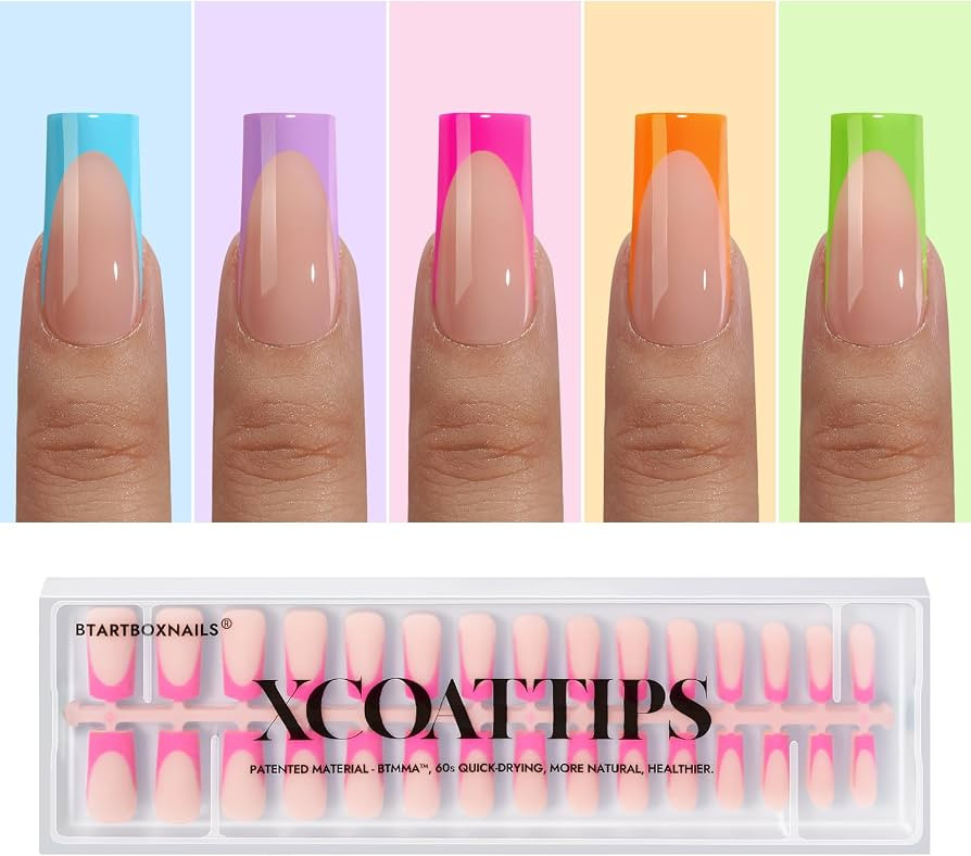 BTArtboxnails XCOATTIPS Press on Nails - French Tip Nails Long Sqaure, Brighter Pastel Soft Gel N... | Amazon (US)