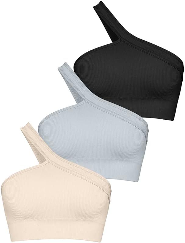 OQQ Women's 3 Piece Crop Tops One Shoulder Ribbed Seamless Exercise Workout Tank Tops | Amazon (US)