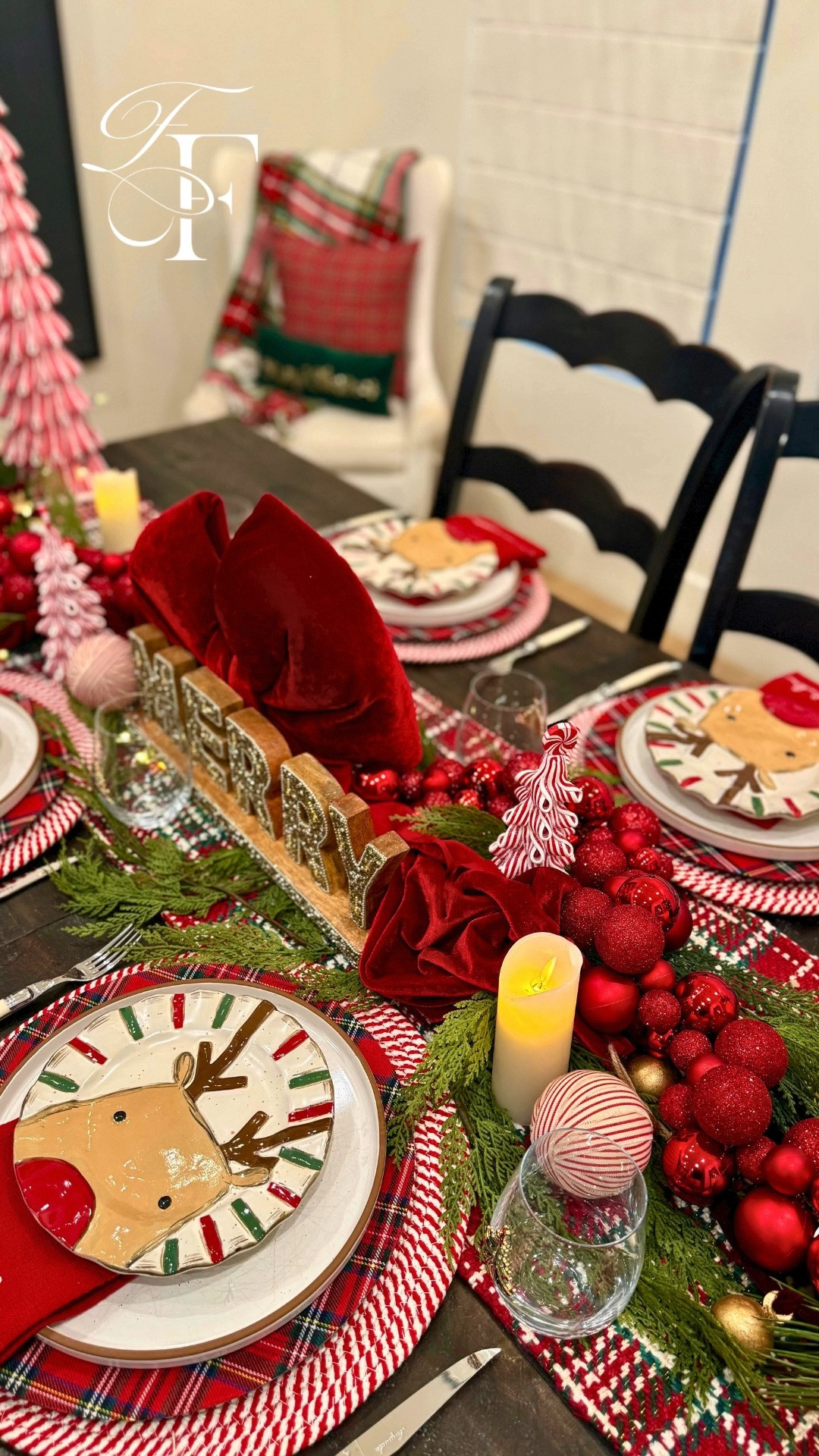 My final Christmas dinner tablescape of the season ❤️ Peppermint placemats paired with plaid chargers and reindeer plates from Mud Pie—simple, festive, and full of holiday cheer. Merry Christmas! 🎄 

 #LTKHoliday #LTKSeasonal #LTKHome