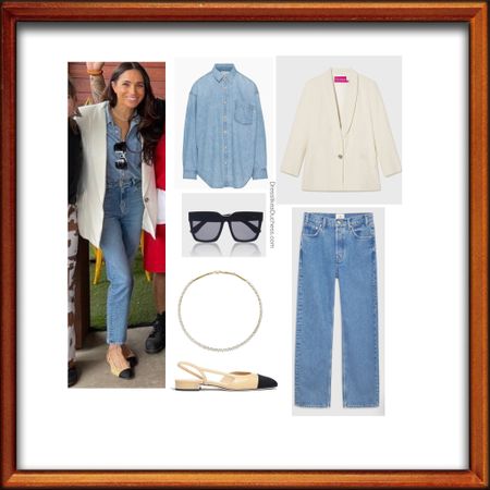 Meghan Markle Heidi Merrick blazer/sunglasses, Annie Bing jeans and Aritzia 80s denim/chambray shirt 