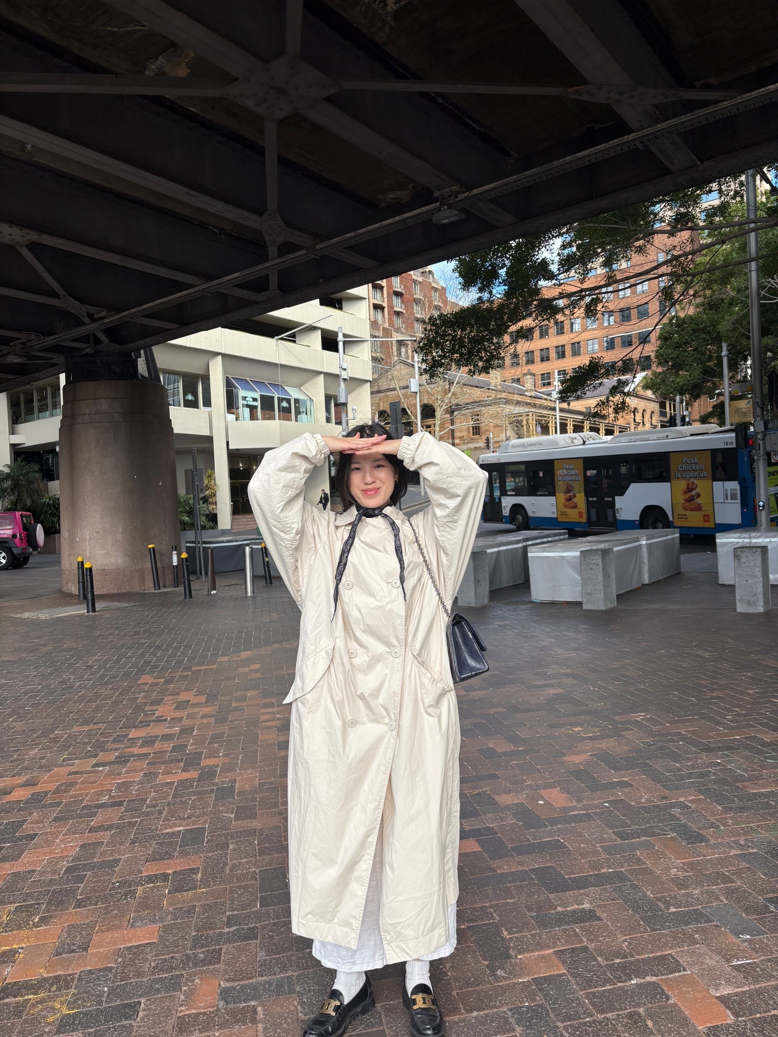 Trench coat and paisley scarf outfit 
Coat in size 34 (actually shortened this one)
I also recommend the classic Clyde from Sezane. I would personally size up to layer.

Exact scarf linked (new prints this year as mine are from last year)