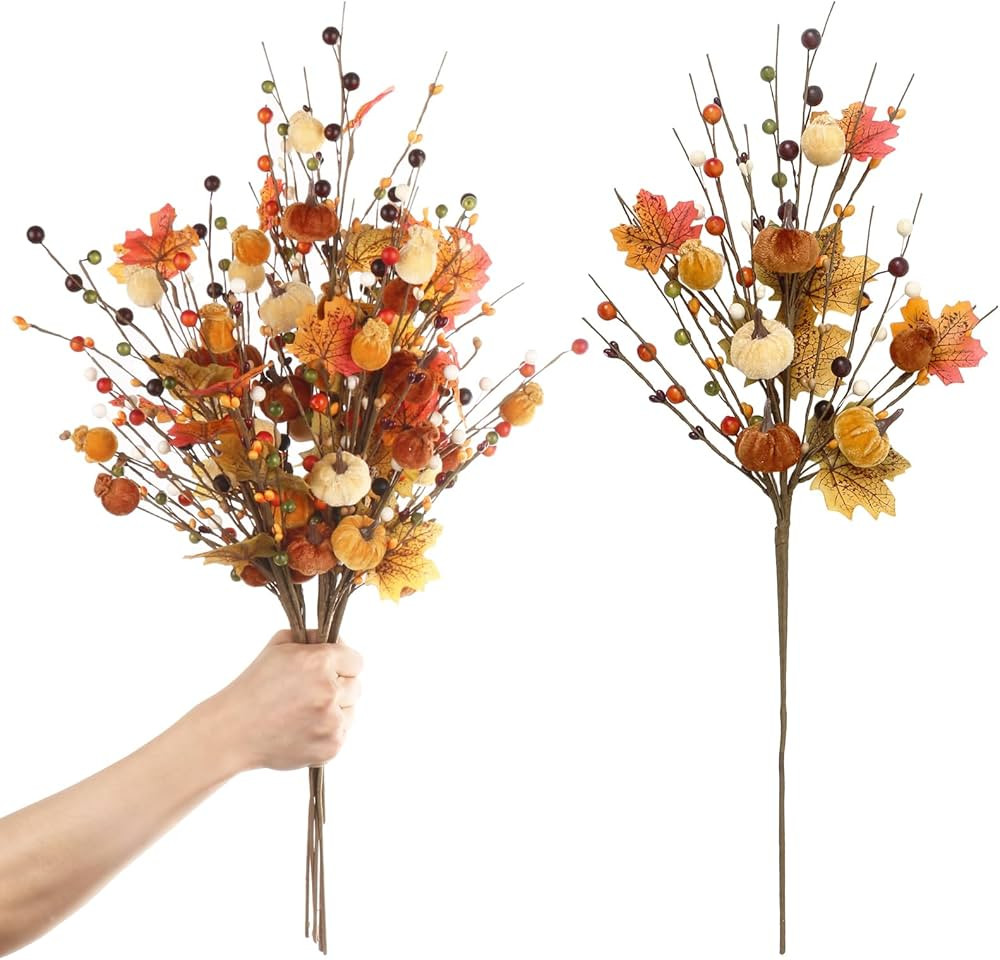 RoseCraft 4PCS Fall Decor, 19.5Inch Artificial White Berry/Maple Leaf/Pumpkin Floral Stems Fall B... | Amazon (US)