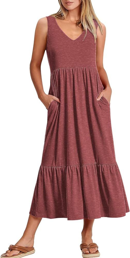 ANRABESS Women's Summer Casual Sleeveless V Neck Swing Dress Fit & Flare Flowy Tiered Maxi Beach ... | Amazon (US)