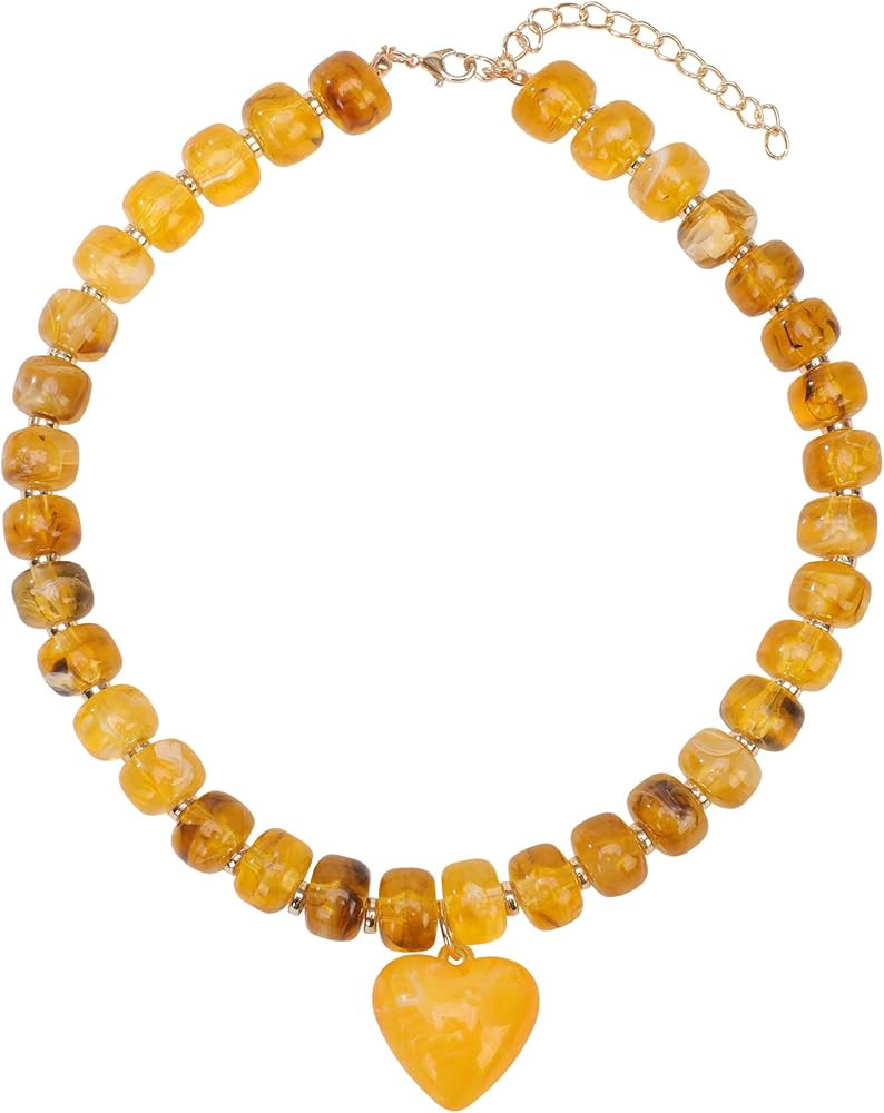 Chunky Colorful Beaded Statement Boho Chokers Necklace Heart Pendant Pink Green Yellow Brown Fash... | Amazon (US)