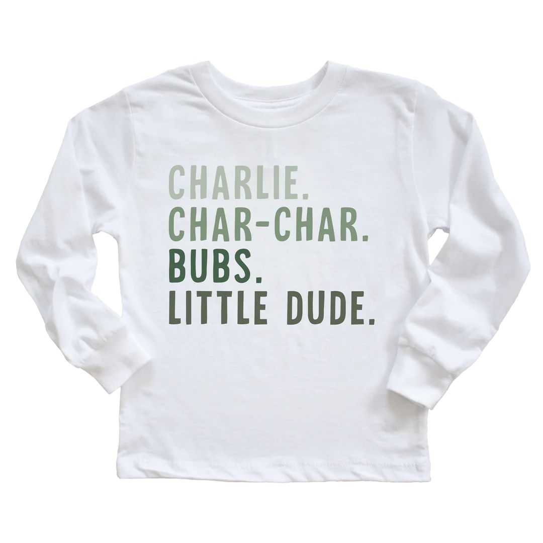 Personalized Green Nickname Kids Graphic Long Sleeve Tee | White | Caden Lane