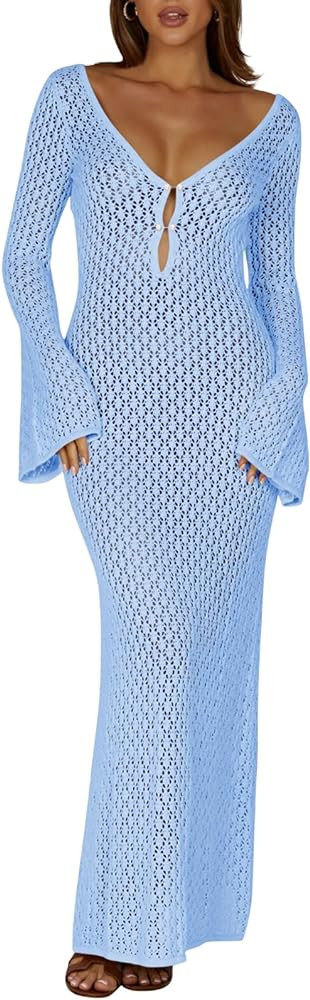 Saodimallsu Womens Crochet Maxi Cover Up Dress Beach Swim Vacation Coverups Long Sleeve Sexy Body... | Amazon (US)