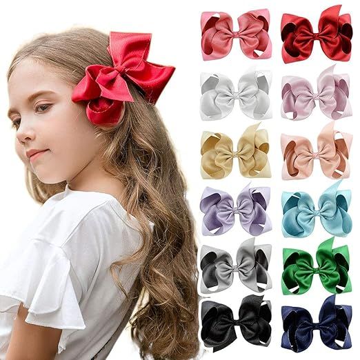DEEKA 12 PCS 6" Glitter Grosgrain Ribbon Large Hair Bow Alligator Clips for Little Girls | Amazon (US)