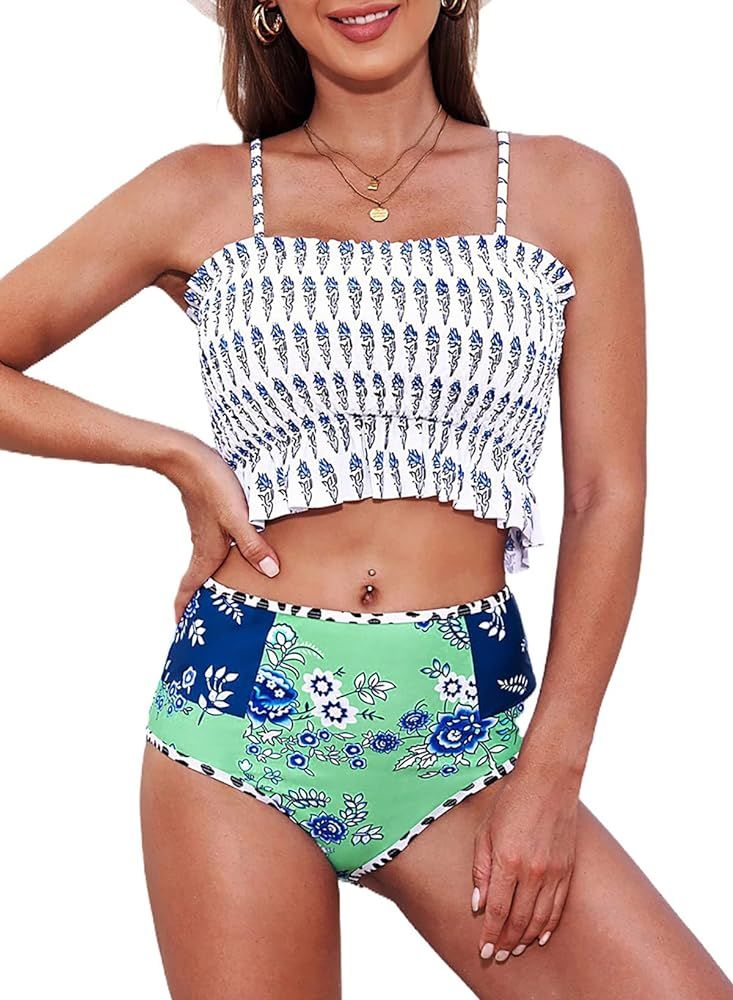Aleumdr Women's Smocked Bikini Set Bandeau Swimsuit Top with High Waisted Bottom Ruffle Two Piece... | Amazon (US)