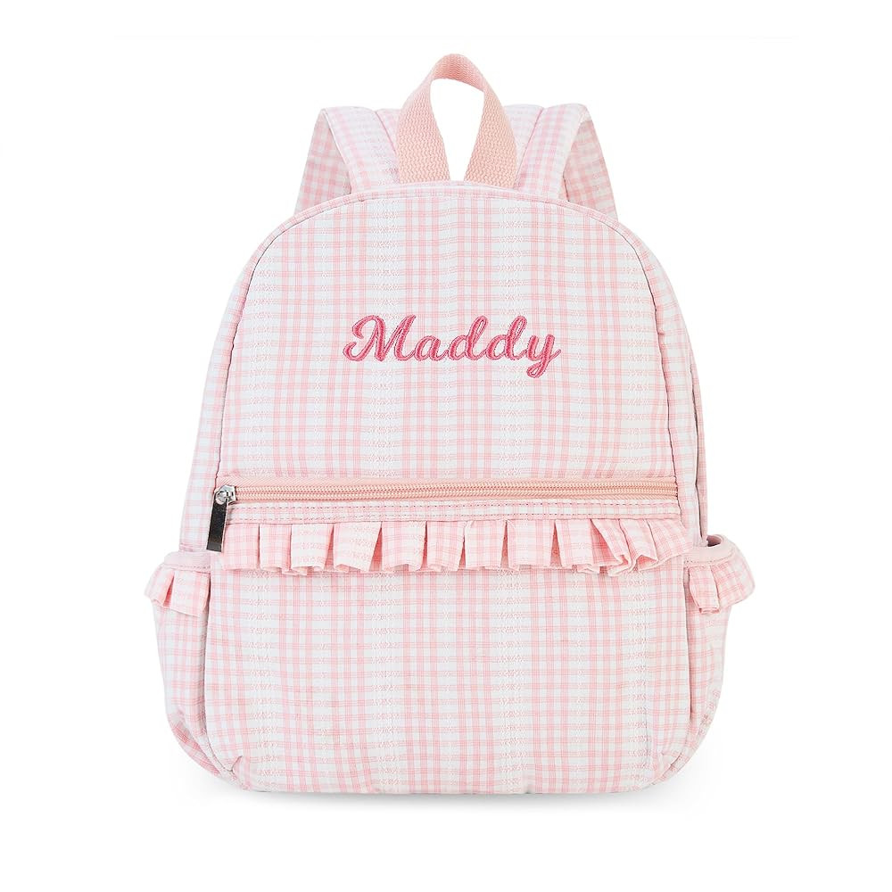 MT WORLD Ruffle Daycare Backpack Personalized Peach Gingham Backpack with Embroidered Name - 12in... | Amazon (US)