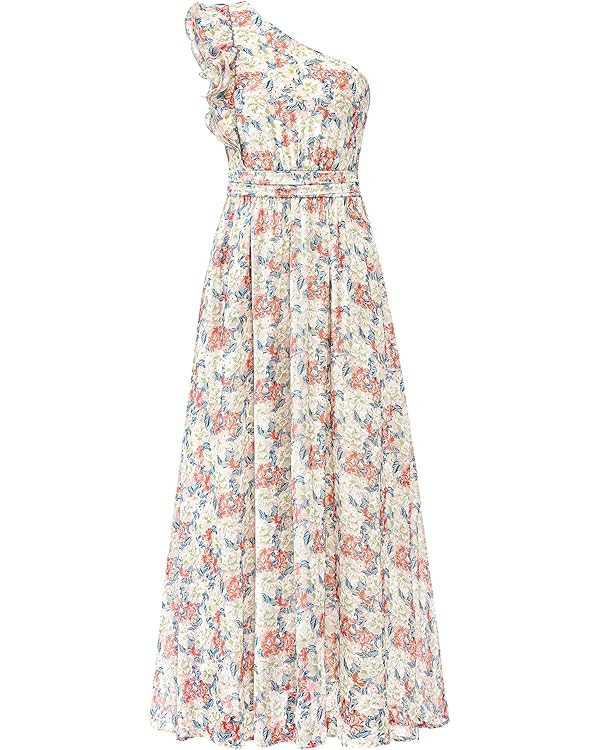 BTFBM Women Summer One Shoulder Floral Wedding Guest Dresses Sleeveless Smocked Ruffle Flowy Beac... | Amazon (US)