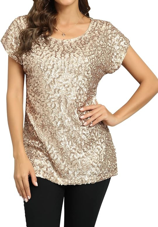 PrettyGuide Women's Sequin Top Shimmer Glitter Loose Bat Sleeve Party Tunic Tops | Amazon (US)