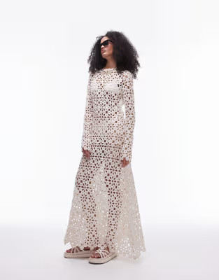 Topshop knitted crochet long sleeve maxi dress in cream | ASOS | ASOS (Global)