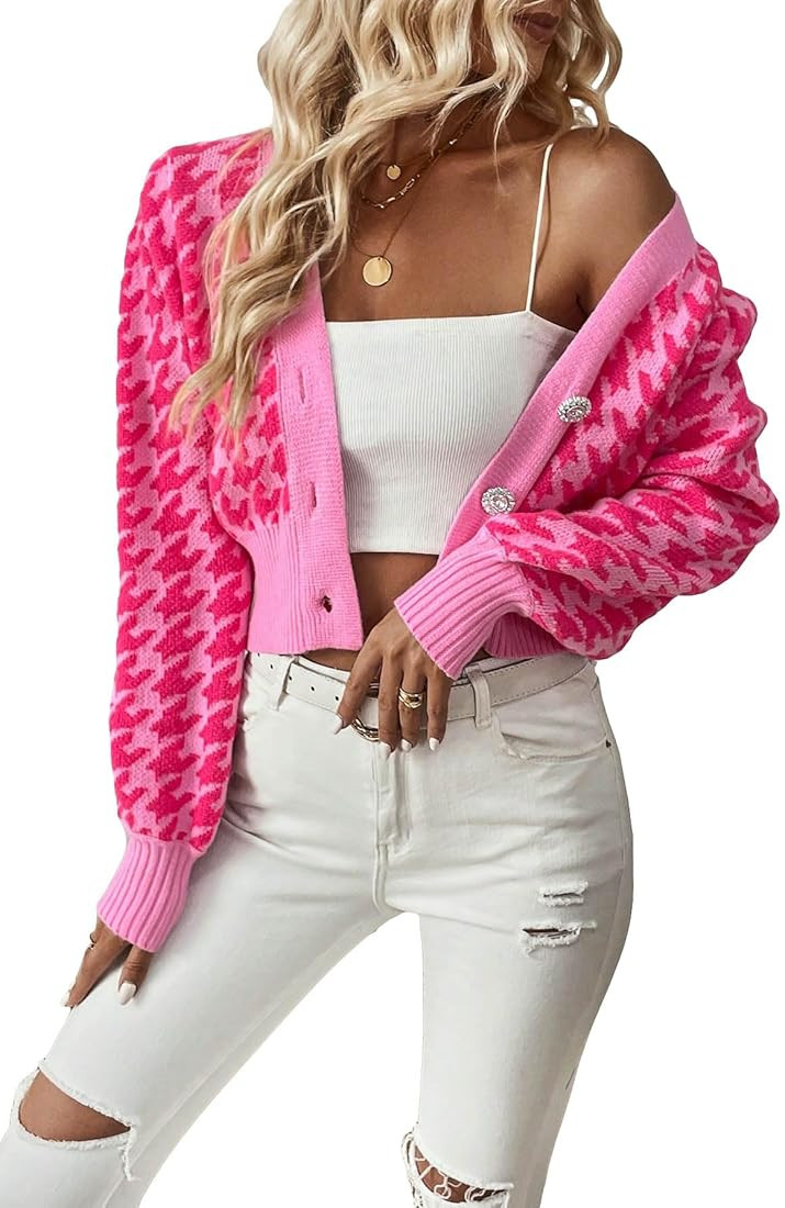 SHENHE Women's Houndstooth Button Down V Neck Lantern Sleeve Cropped Cardigan Sweater | Amazon (US)