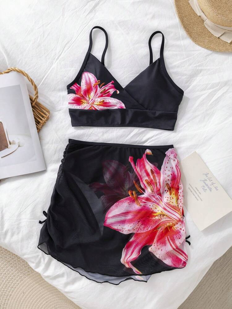 3pcs Teen Girls Floral Print Bikini Swimsuit Set With Side Drawstring Beach Skirt Summer Holiday | SHEIN