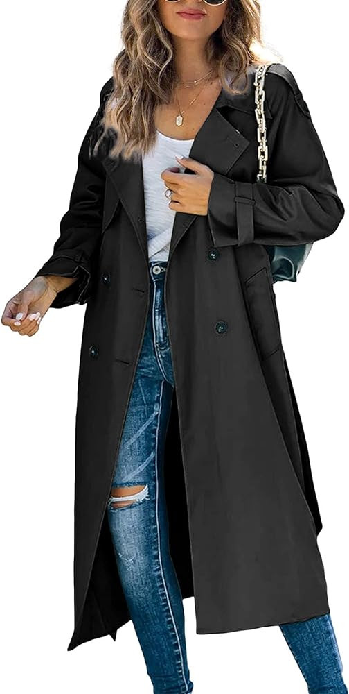 Makkrom Women's Double Breasted Long Trench Coat Windproof Classic Lapel Slim Overcoat with Belt | Amazon (US)