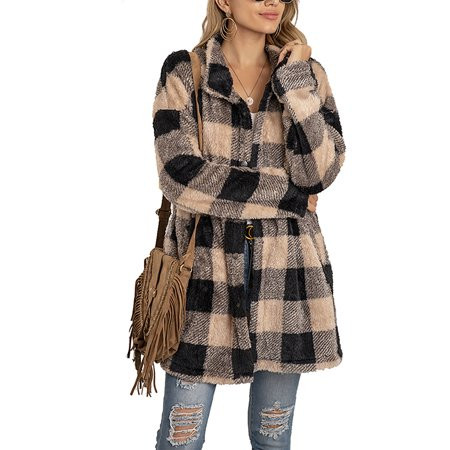 Niuer Women Fleece Buffalo Plaid Coat Long Sleeve Buttons Jackets Winter Check Pattern Lapel Outerwe | Walmart (US)