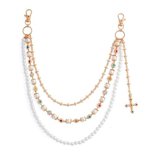 Layered Pants Chain for Women Men Exquisite Rhinestone Flower Pearl Wallet Jeans Chain Bag Purse Charm Chains (Gold A (Cross Pendant)) | Amazon (US)
