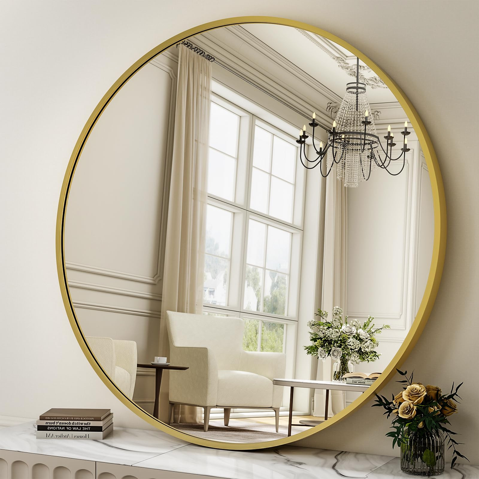 40 Inch Round Mirror - Circle Mirrors for Bathroom, Entryway and Living Room Wall Decor, Modern H... | Amazon (US)