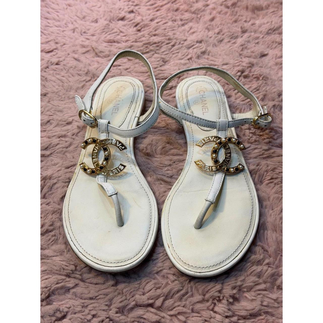Chanel Women's Sandals - White/Gold | Depop US