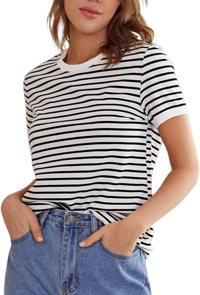 Floerns Women's Casual Striped Crew Neck Short Sleeve T Shirts Tee Tops | Amazon (US)