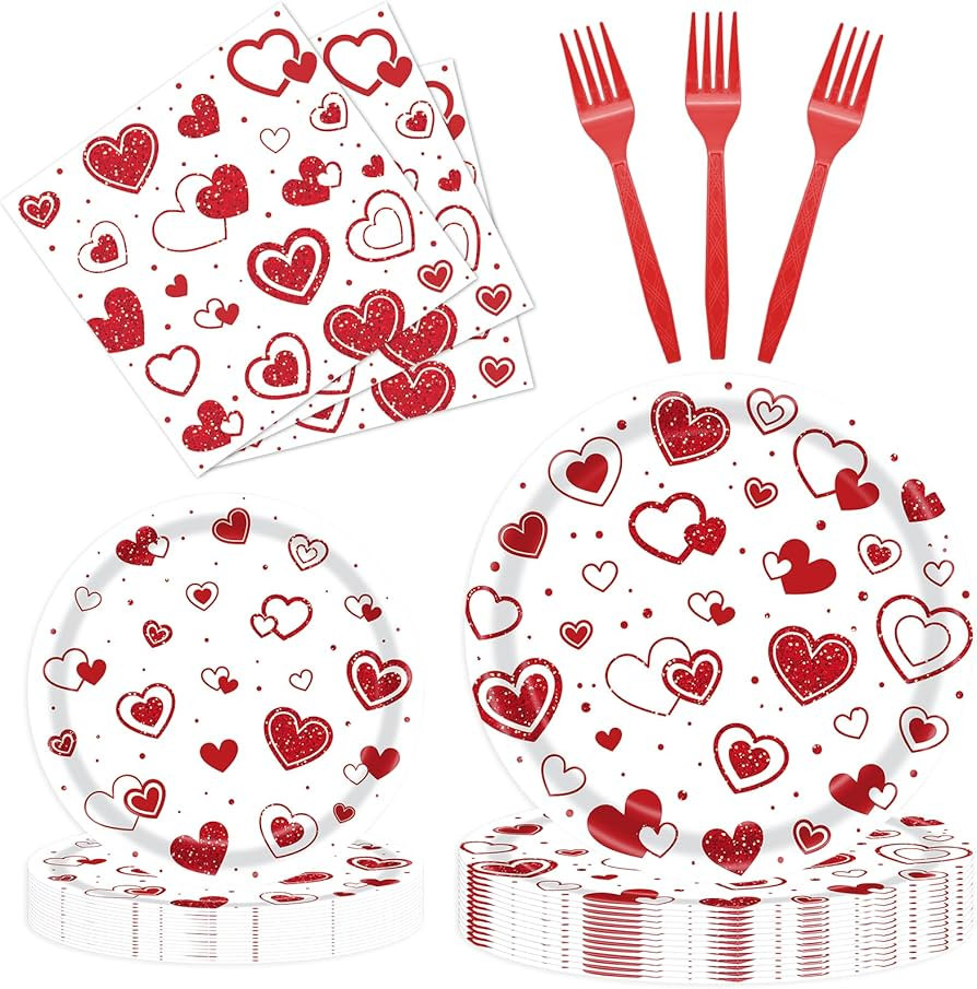 96 Pieces Valentines Day Love Plates and Napkins Party Supplies, Red Heart Disposable Tableware w... | Amazon (US)